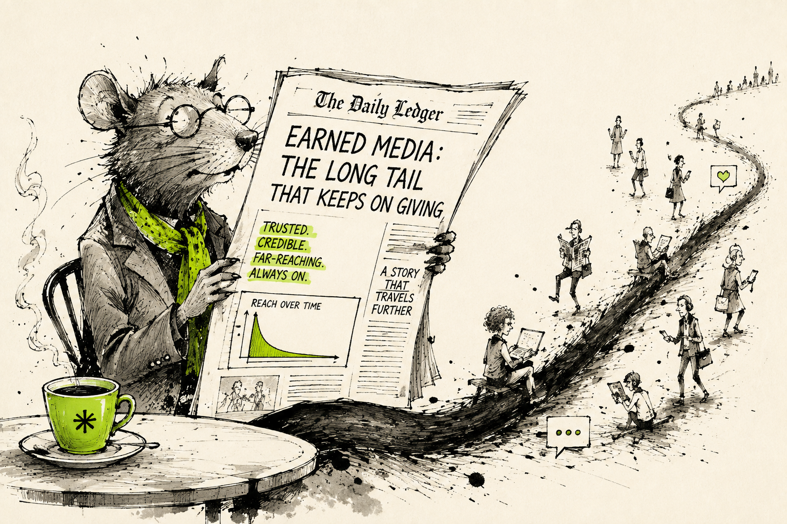 Illustration of a rat reading a newspaper titled The Daily Ledger, showing earned media's long tail reach over time.