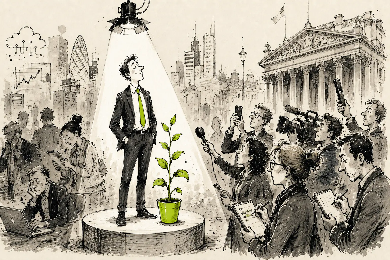 A founder standing in a spotlight, recognised by a crowd of journalists, with a small green plant — illustrating becoming recognisable for something.