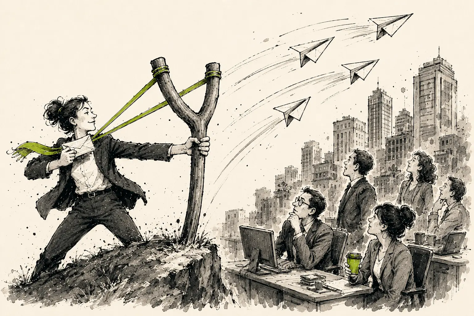 A pen-and-ink illustration of outbound marketing. On the left, a determined woman in a suit uses a giant lime green slingshot to launch paper aeroplanes toward a city skyline on the right, where office workers at desks look up as the messages fly in.