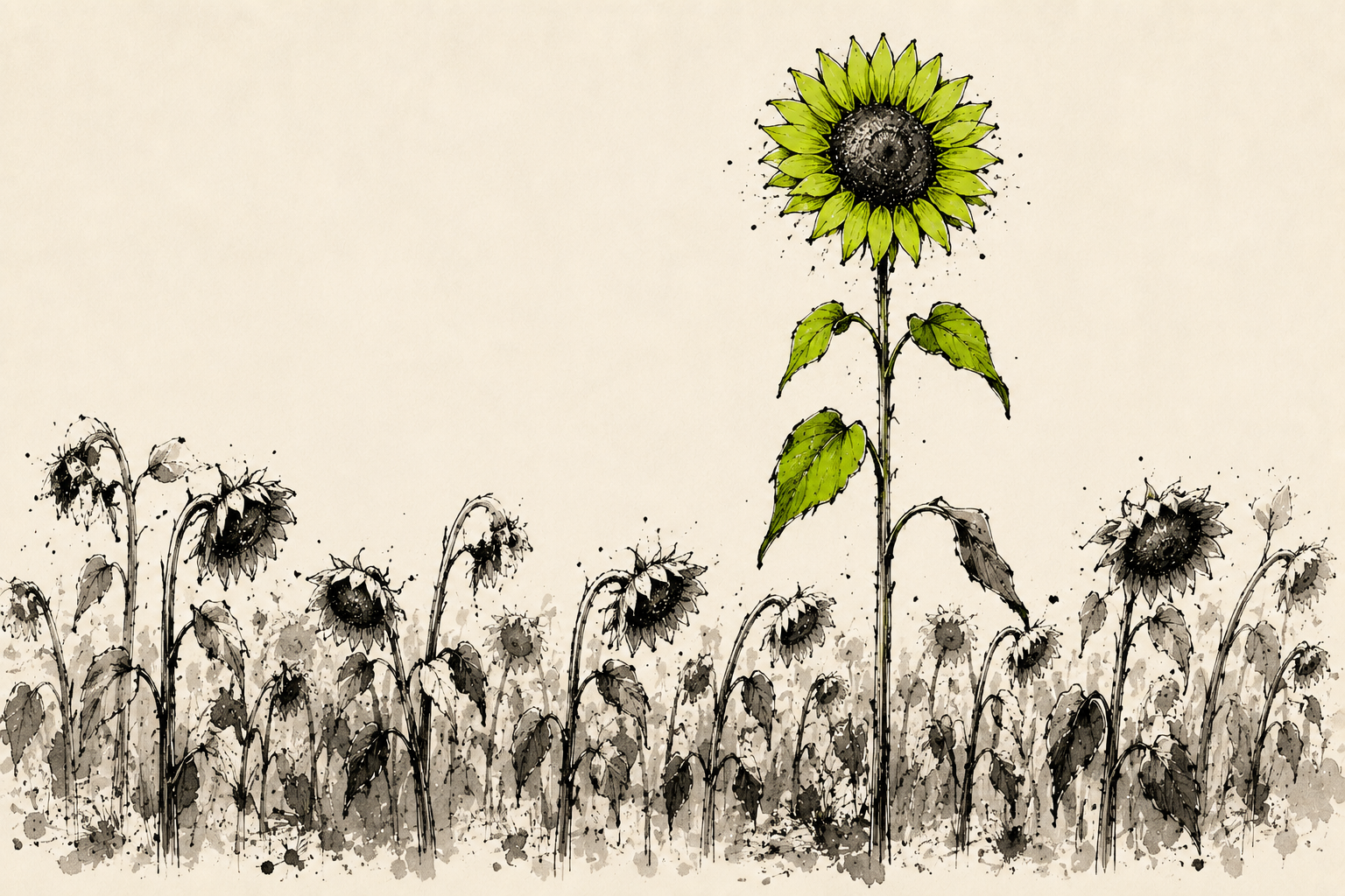 Illustration of a field of sunflowers, most short and wilted, with a single tall sunflower in vibrant lime green standing above the rest — standing out visibly among peers.