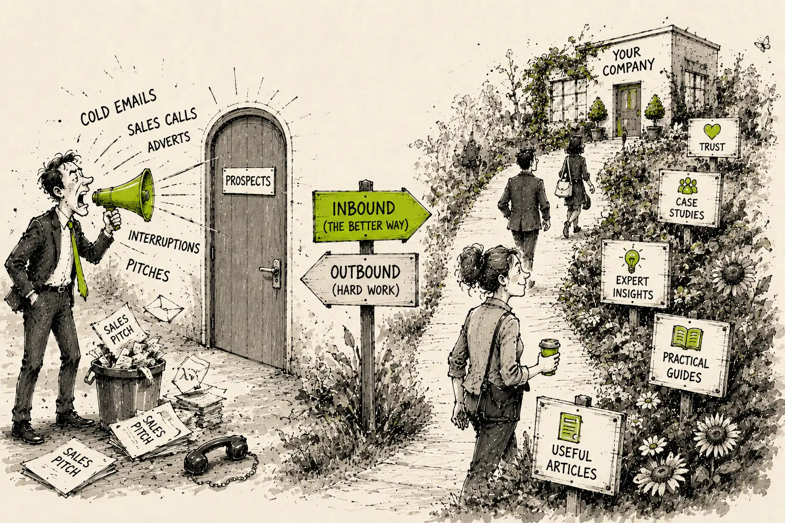 A hand-drawn illustration comparing outbound and inbound marketing. On the left, a suited man shouts through a lime green megaphone at a closed door labelled PROSPECTS, surrounded by discarded sales pitches. A central signpost points toward INBOUND (THE BETTER WAY) on the right, where a visitor walks up a flower-lined path past signs for useful articles, practical guides, expert insights, case studies and trust, toward a building labelled YOUR COMPANY.