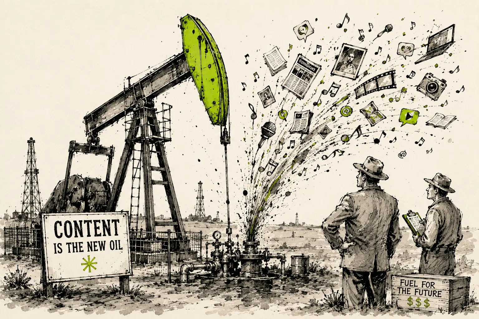 Illustration of a vintage oil pumpjack with a lime green head, a gusher erupting with media icons, and a sign reading 'CONTENT IS THE NEW OIL', evoking the idea that original content is the valuable resource of the AI era.